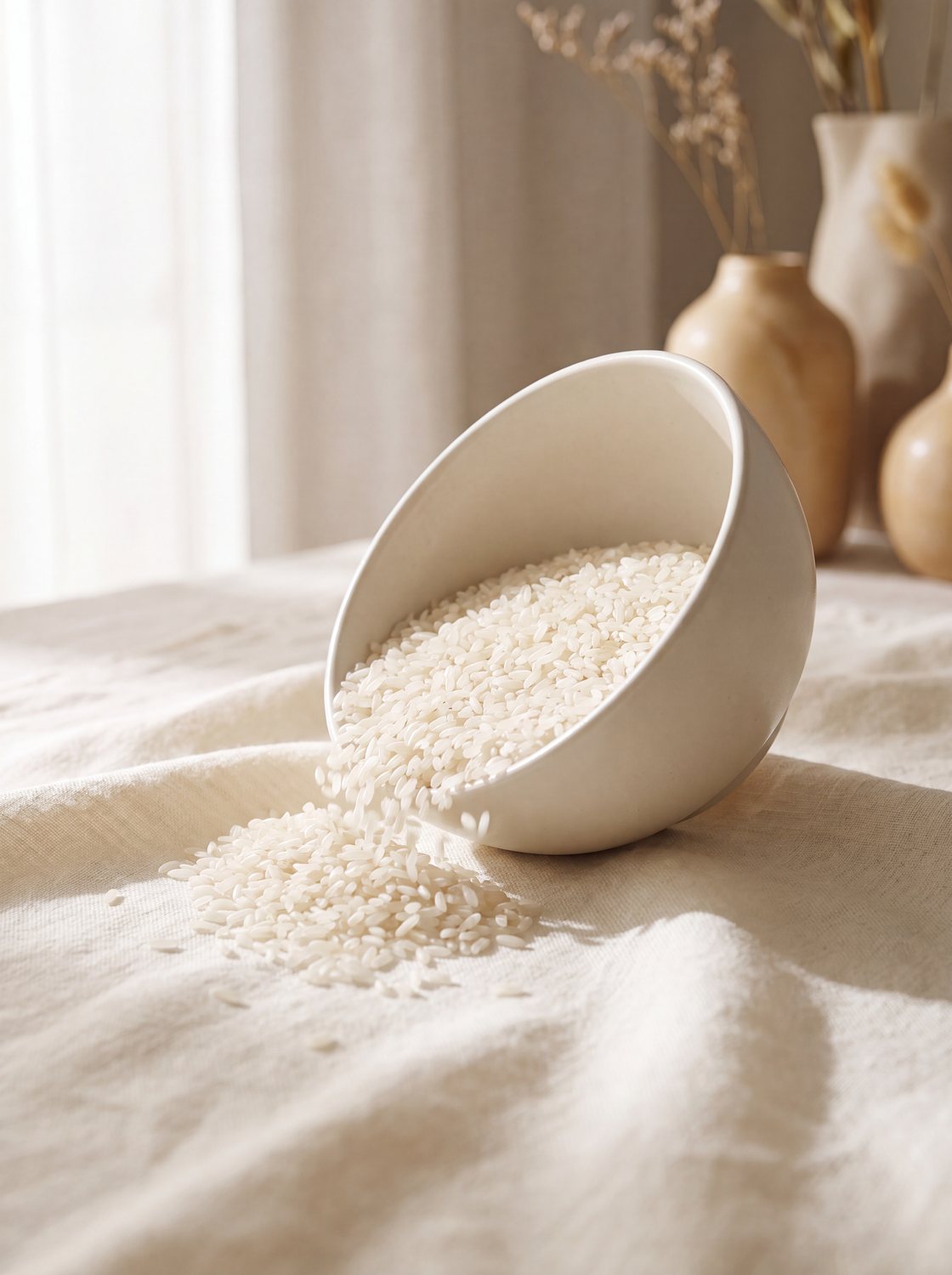 Korean rice spilling from a ceramic bowl onto linen