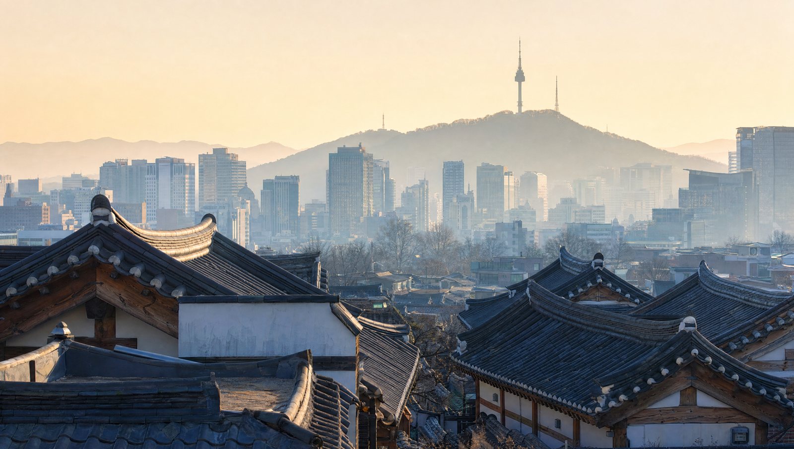 Seoul at dawn — hanok roofs with the city and Namsan beyond